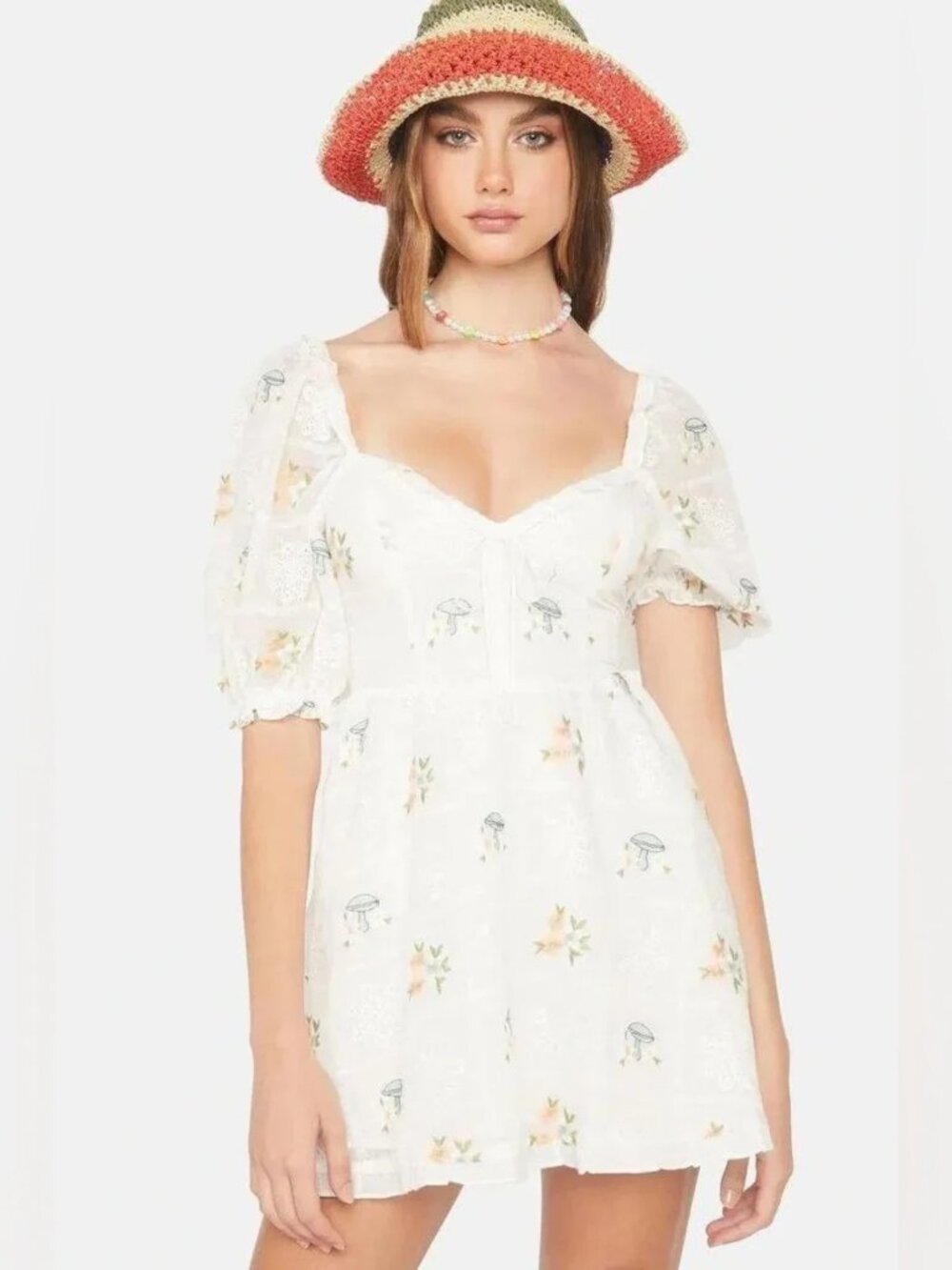 For Love and Lemons Yolanda Mini Dress White Eyelet Mushroom Print Puff Sleeve S